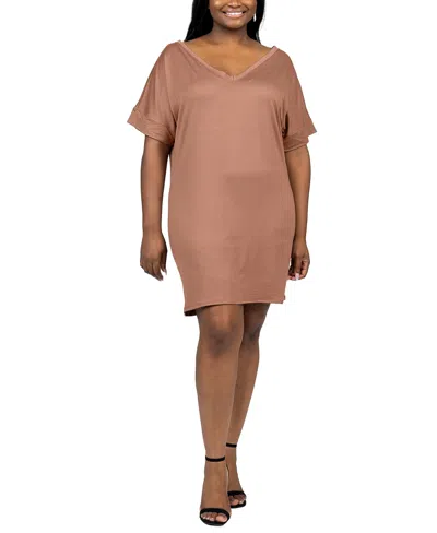 24seven Comfort Apparel Plus Size Loose Fit V-neck T Shirt Dress In Mocha