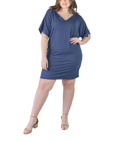 24seven Comfort Apparel Plus Size Loose Fit V-neck Knee Length Dress In Navy