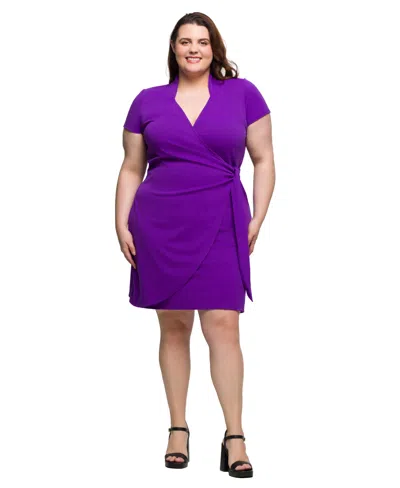 24seven Comfort Apparel Plus Size Mandarin Collar Knee Length Wrap Dress In Purple