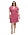 24seven Comfort Apparel Plus Size Mandarin Collar Knee Length Wrap Dress In Pink