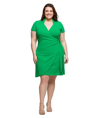 24seven Comfort Apparel Plus Size Mandarin Collar Knee Length Wrap Dress In Green