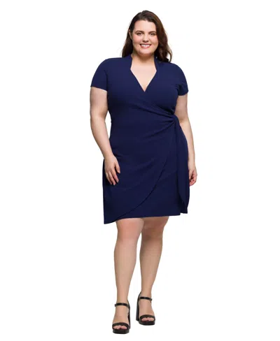 24seven Comfort Apparel Plus Size Mandarin Collar Knee Length Wrap Dress In Burgundy