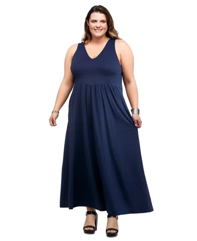 24seven Comfort Apparel Plus Size Maxi Sleeveless Dress With Pockets In Navy