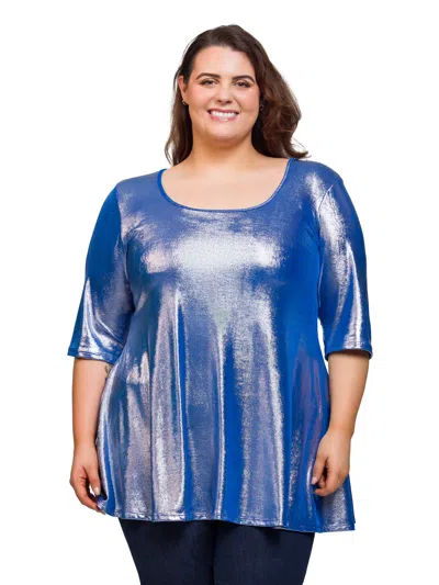 24seven Comfort Apparel Plus Size Metallic Scoop Neck Flared Tunic Top In Blue