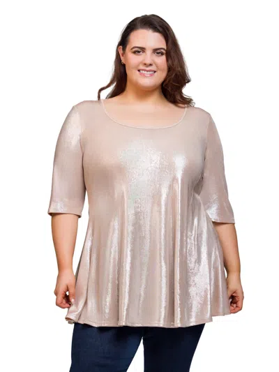24seven Comfort Apparel Plus Size Metallic Scoop Neck Flared Tunic Top In Gold