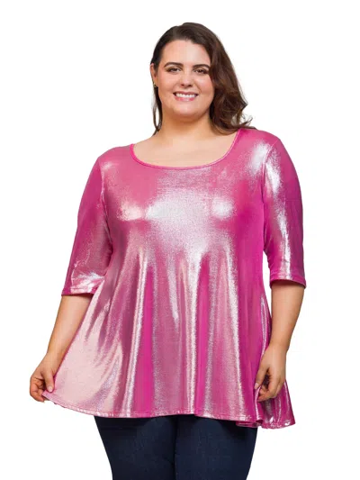 24seven Comfort Apparel Plus Size Metallic Scoop Neck Flared Tunic Top In Pink