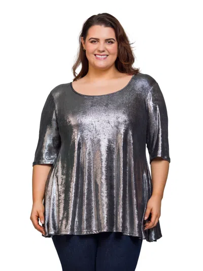 24seven Comfort Apparel Plus Size Metallic Scoop Neck Flared Tunic Top In Black