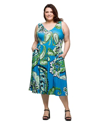 24seven Comfort Apparel Plus Size Midi Length Print Sleeveless Pleated Pocket Dress In Blue Multi