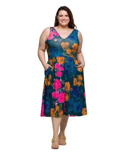 24seven Comfort Apparel Plus Size Midi Length Print Sleeveless Pleated Pocket Dress In Green Multi