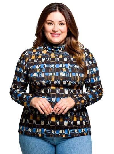 24seven Comfort Apparel Plus Size Mock Neck Long Sleeve Printed Top In Multi