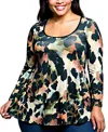 24seven Comfort Apparel Plus Size Multiprint Long Sleeve Scoop Neck A Line Top In Multi