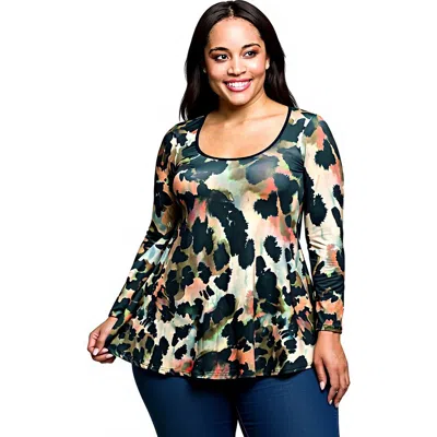 24SEVEN COMFORT APPAREL 24SEVEN COMFORT APPAREL PLUS SIZE MULTIPRINT LONG SLEEVE SCOOP NECK A-LINE TOP