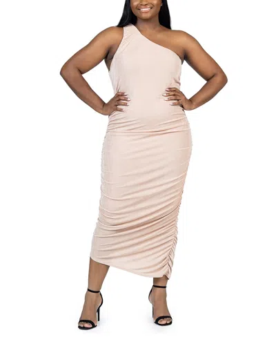 24seven Comfort Apparel Plus Size One Shoulder Ruched Bodycon Dress In Nude