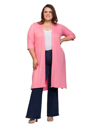 24seven Comfort Apparel Plus Size Open Front Knee Length Side Slit Duster Cardigan In Pink