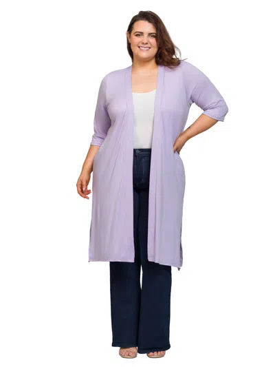 24seven Comfort Apparel Plus Size Open Front Knee Length Side Slit Duster Cardigan In Purple