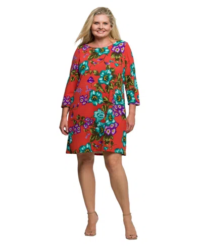 24seven Comfort Apparel Plus Size Orange Floral Print Three Quarter Sleeve A Line Knee Length Dress In Multi