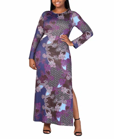 24seven Comfort Apparel Plus Size Paisley Long Sleeve Maxi Dress In Purple Multi