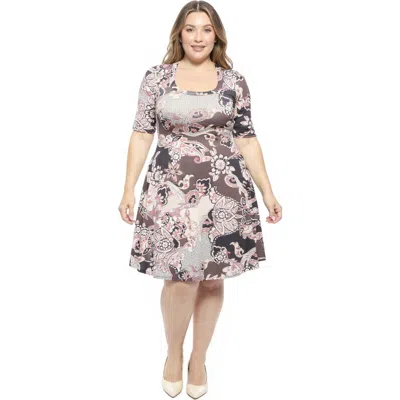 24seven Comfort Apparel Plus Size Paisley Scoop Neck Elbow Sleeve Knee Length A-line Dress In Multi