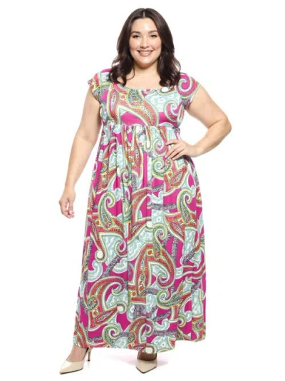 24seven Comfort Apparel Plus Size Paisley Square Neck Cap Sleeve Pleated A-line Maxi Dress In Multi