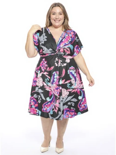 24seven Comfort Apparel Plus Size Paisley V-neck Dolman Sleeve Twist Front A-line Midi Dress In Multi