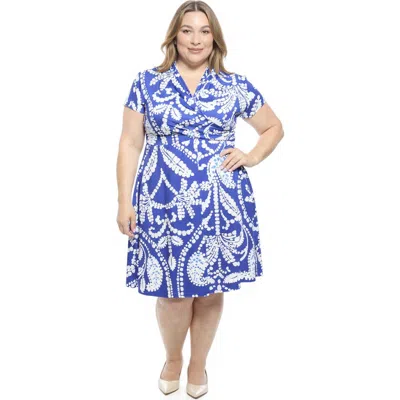 24seven Comfort Apparel Plus Size Paisley V-neck Faux Wrap Knee Length A-line Dress In Multi