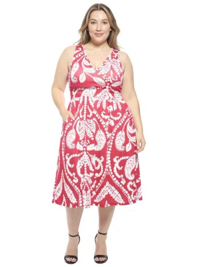 24seven Comfort Apparel Plus Size Paisley V-neck Sleeveless Pleated Pocket Midi Fit N Flare Dress In Multi