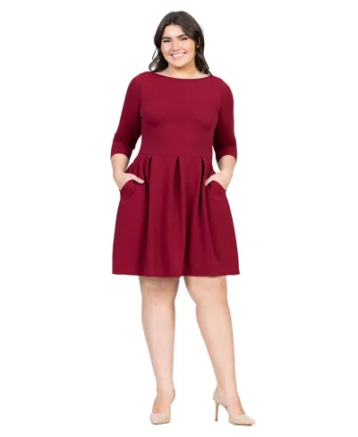 24seven Comfort Apparel Plus Size Perfect Fit And Flare Pocket Dress In Burgundy