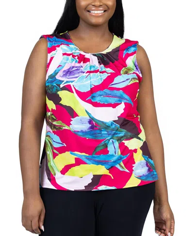 24seven Comfort Apparel Plus Size Pleated Crew Neck Sleeveless Top In Red Multi