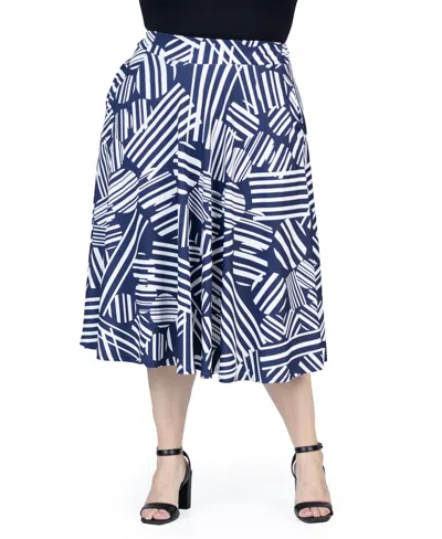 24seven Comfort Apparel Plus Size Pleated Print Midi Skirt With Pockets In Navy Multi