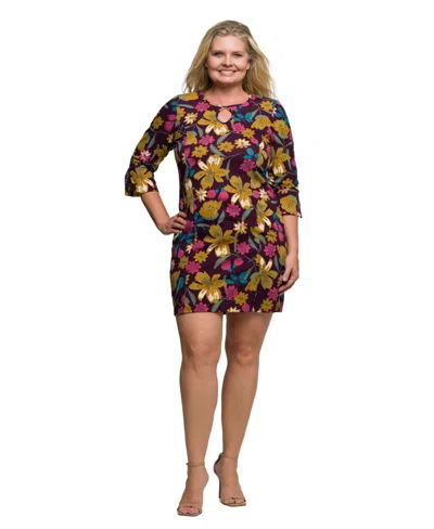 24seven Comfort Apparel Plus Size Plum Floral Print Keyhole Neckline Sheath Dress In Purple