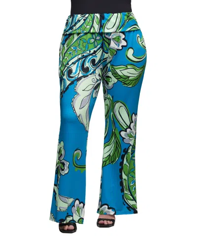24seven Comfort Apparel Plus Size Print Bell Bottom Foldover Waist Pants In Blue Multi