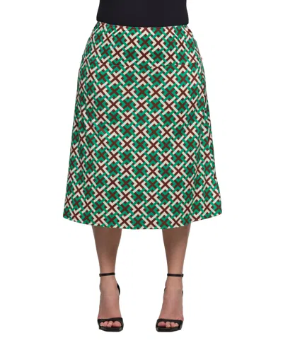 24seven Comfort Apparel Plus Size Print Comfortable Elastic Waist Knee Length Skirt In Green Multi