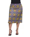 24seven Comfort Apparel Plus Size Print Comfortable Elastic Waist Knee Length Skirt In Yellow Multi