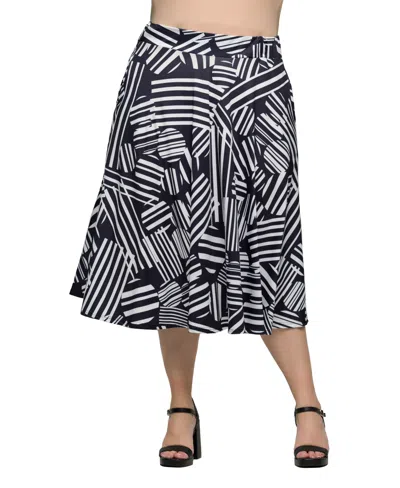 24seven Comfort Apparel Plus Size Print Elastic Waist Pocket Midi Skirt In Black Multi