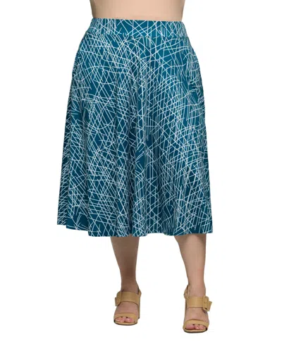 24seven Comfort Apparel Plus Size Print Elastic Waist Pocket Midi Skirt In Blue Multi