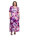 24seven Comfort Apparel Plus Size Print Elbow Sleeve Casual A-line Maxi Dress In Multi