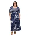24seven Comfort Apparel Plus Size Print Elbow Sleeve Casual A-line Maxi Dress In Blue Multi