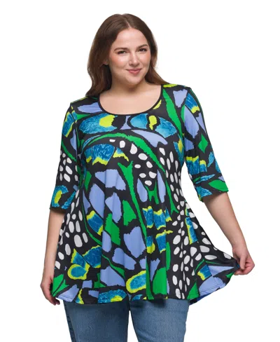 24seven Comfort Apparel Plus Size Print Elbow Sleeve Casual Tunic Top In Green Multi