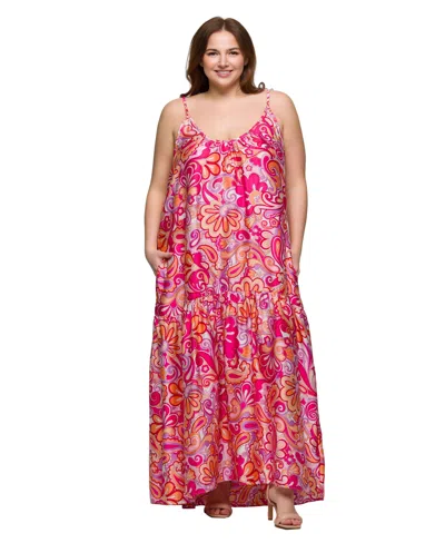 24seven Comfort Apparel Plus Size Print Lightweight Spaghetti Strap Pocket Maxi Dress In Pink