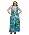 24seven Comfort Apparel Plus Size Print Scoop Neck A-line Sleeveless Maxi Dress In Blue Multi