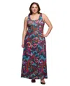 24seven Comfort Apparel Plus Size Print Scoop Neck A-line Sleeveless Maxi Dress In Brown Multi