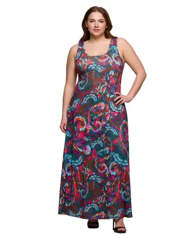 24seven Comfort Apparel Plus Size Print Scoop Neck A-line Sleeveless Maxi Dress In Brown Multi