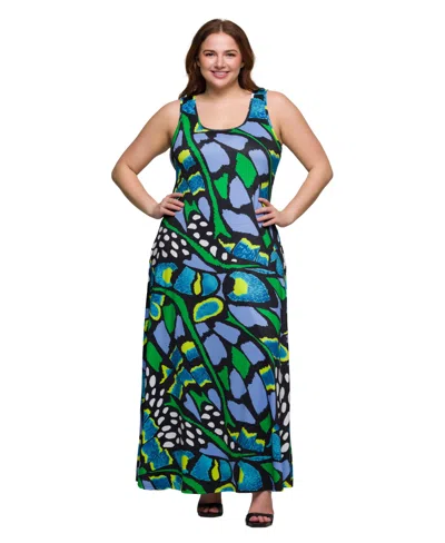 24seven Comfort Apparel Plus Size Print Scoop Neck A-line Sleeveless Maxi Dress In Green Multi