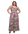 24seven Comfort Apparel Plus Size Print Scoop Neck A-line Sleeveless Maxi Dress In Pink Multi