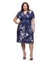 24seven Comfort Apparel Plus Size Print Short Sleeve Knee Length V-neck Wrap Dress In Blue Multi