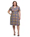 24seven Comfort Apparel Plus Size Print Short Sleeve Knee Length V-neck Wrap Dress In Yellow Multi