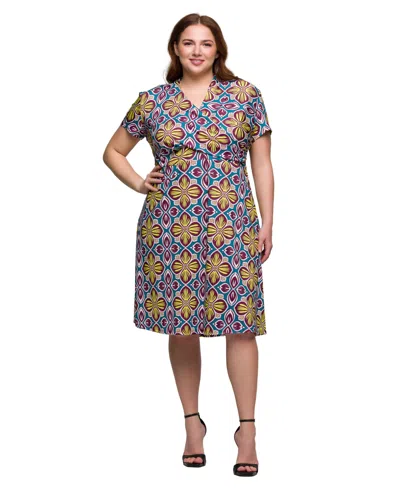 24seven Comfort Apparel Plus Size Print Short Sleeve Knee Length V-neck Wrap Dress In Yellow Multi