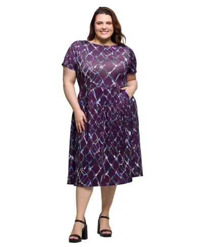 24seven Comfort Apparel Plus Size Print Short Sleeve Pleated Flare Midi Pocket Dress In Purple Multi