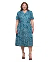 24seven Comfort Apparel Plus Size Print Short Sleeve Tie Waist Midi Dress In Blue Multi