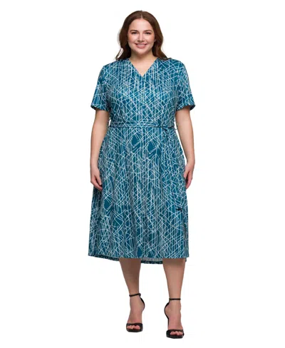 24seven Comfort Apparel Plus Size Print Short Sleeve Tie Waist Midi Dress In Blue Multi
